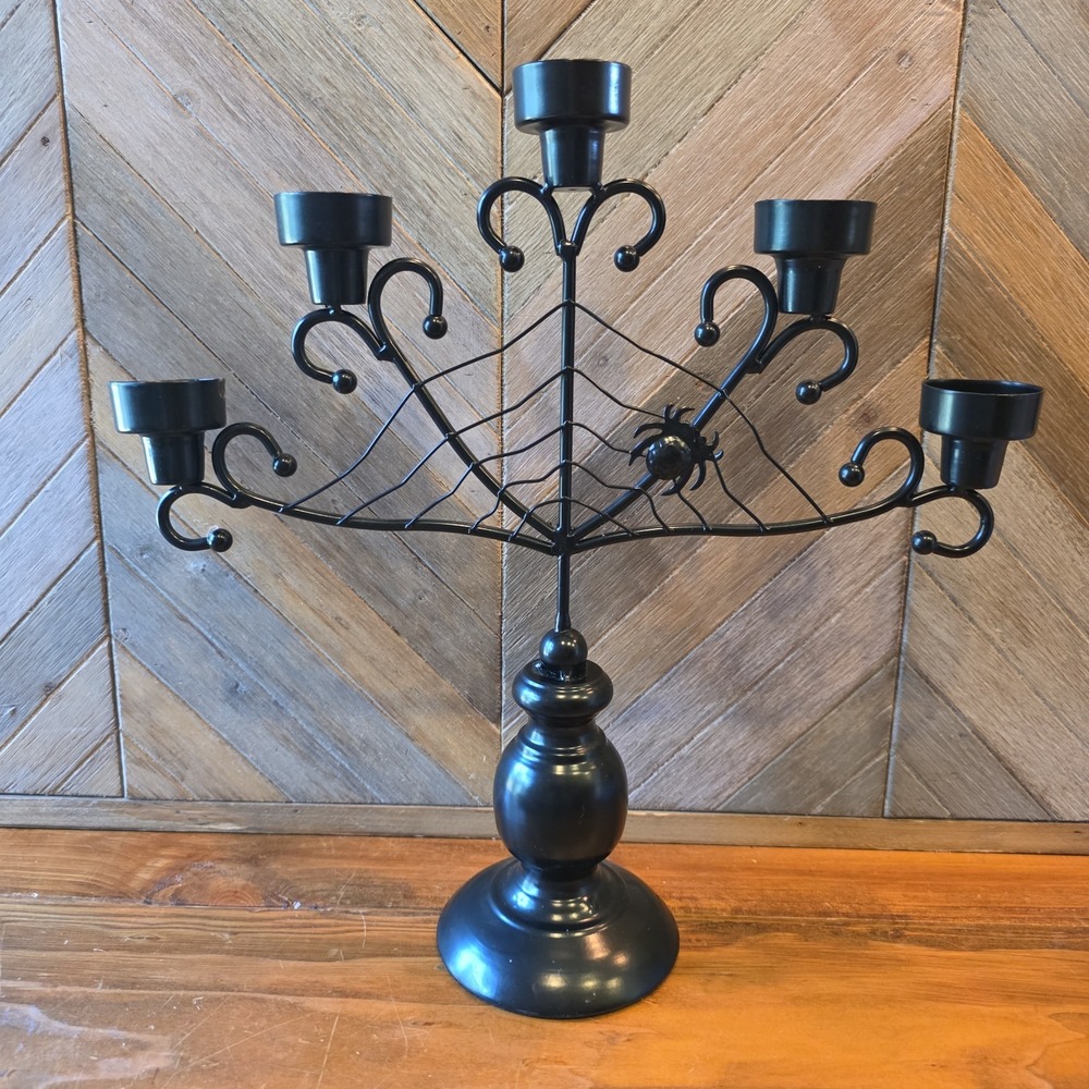 Halloween Candelabra Black 13" x 14" Metal Cobweb Spider Decorations 5 Candle